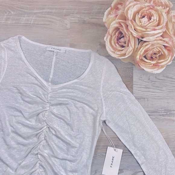 FRAME Ruched Linen V-neck Long Sleeve Shirt - Picture 9 of 9